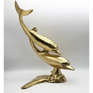 Vintage Brass Double Dolphin Sculpture Statue Large 15" Tall Figurine Ocean Sea